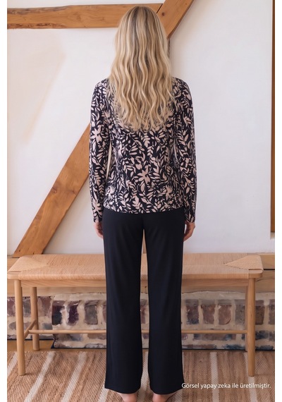 Siyah İnci Desenli Düğmeli Dantelli Viskon Örme Pijama Takım 26224678 Çok Renkli