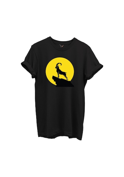 Dağ Keçisi Siluet Baskılı %100 Pamuk Regular Fit Bisiklet Yaka Unisex T-shirt Siyah