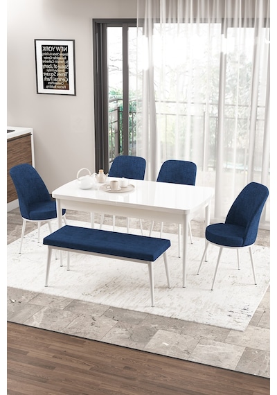 Canisa Concept Zen Serisi 80x132 Mdf Açılabilir Beyaz Masa Takımı 4 Lacivert Sandalye Ve 1 Bench Masa Beyaz Sandalye Ve Bench Lacivert