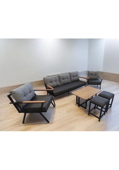Pilocca Bahçe Balkon Mobilyası Antrasit Gri 3+1+1 Sehpa 2 Pufl Antrasit - Gri