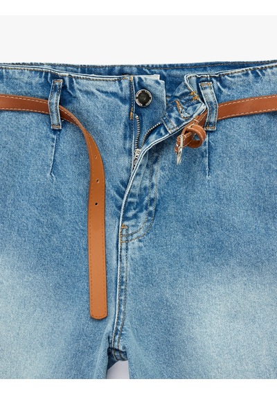 Koton Yüksek Bel Pamuklu Kemerli Kısa Geniş Paça Denim Pantolon - Wide Leg Jean Açık İndigo 6sal40096md