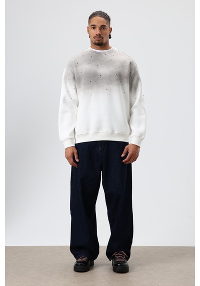 Vamos Yıkamalı Taş Detaylı Oversize Sweatshirt Ekru