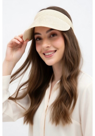 Mollycrush Kadın Luxury Krem Rengi Taç Model Hasır Vizör Şapka Tesettür Uyumlu Tenis Golf Siperlik Krem