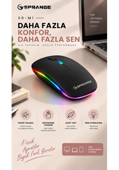 Rgb Işıklı Şarj Edilebilir Çift Modlu Kablosuz Mouse Bluetooth + 2.4ghz Wireless Sr-m1 Siyah Diğer