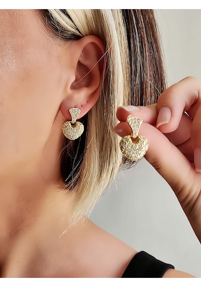 Bombeli Kalp Model Zirkon Taşlı Altın Kaplama Gold Küpe Gold