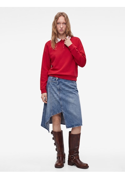 Koton Rahat Kalıp Düğmeli Uzun Kollu Çizgili Polo Yaka Sweatshirt Kırmızı 7wal10212ık
