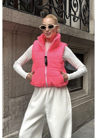 Genel Pembe Sırtı Taş İşlemeli Dik Yaka Kısa Şişme Yelek