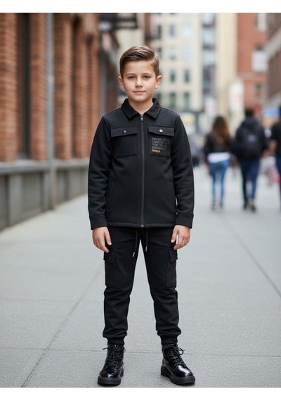 Zekids Erkek Çocuk Scuba Kumaş İçi Şardonlu Beli Paçası Lastikli Kargo Pantolon-16322 Siyah