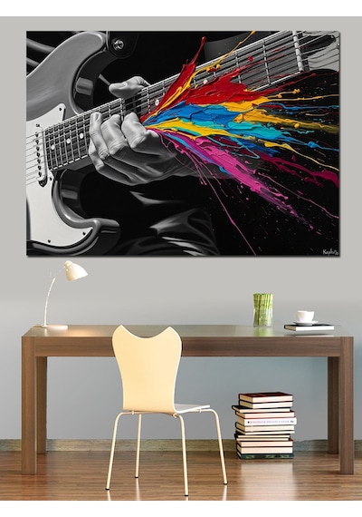 Ahşap Tablo Gitardan Çıkan Renkli Boya Patlaması