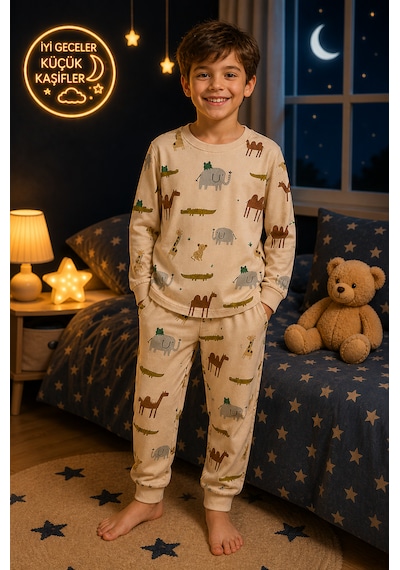 Durukoza %100 Pamuk 4 Mevsim Çocuk Pijama Takımı 8-13 Yaş Yumuşak Dokulu Açık Bej