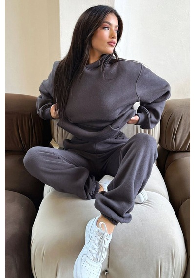 Basic Düz Eşofman Takımı Sweatshirt Jogger - Füme Oversize Şardonlu Kapüşonlu Füme
