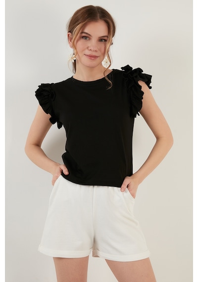 Lela Pamuklu Kolları Fırfırlı Slim Fit Bisiklet Yaka Bayan T Shirt 5864500 Siyah