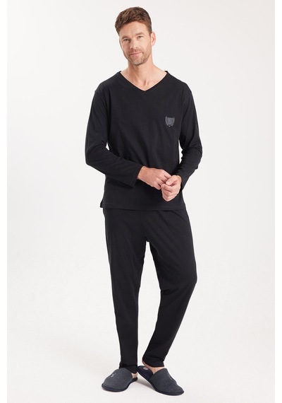 Tudors Erkek Standart Fit %100 Pamuk V Yaka Beli Lastikli Siyah Pijama Takımı-37939 Siyah