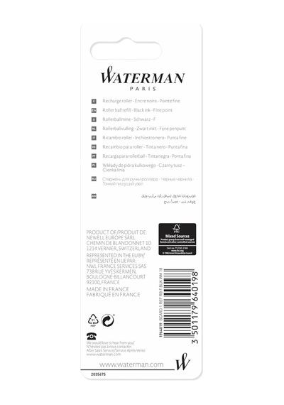 Waterman Roller Kalem Refill, Tekli Blister, Fine F Uç, Siyah - 1964019