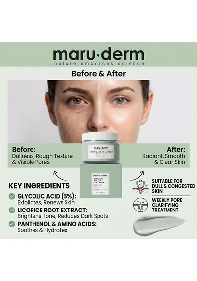 Maruderm Glikolik Asit%5 Gözenek Arındırıcı Ve Cilt Tonu Eşitleyici Kil Maskesi Vegan, Pürüzsüz Ve Nemlendirici Arındırıcı Maske, 100 Ml