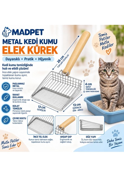Metal Kedi Kumu Elek Kürek - Ahşap Saplı Paslanmaz Kedi Kumu Küreği - İnce Tel Elek Yapılı Hijyenik Kedi Tuvalet Temizleme Küreği - Dayanıklı Ve Pratik - 26 Cm