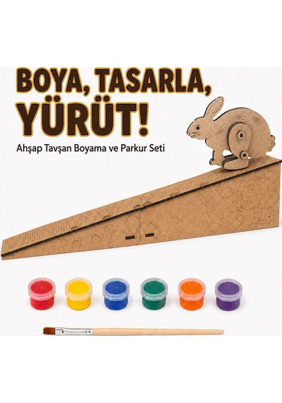 Çocuk Ahşap Hareketli Tavşan Boyama Seti 6 Renk Boya, Fırça Ve Kolay Montaj Parkuru