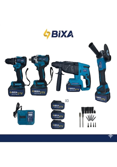 Bixa Kömürsüz Motor Professional 4'lü Set - Akülü Hilti Somun Sıkma Matkap Ve Avuç Taşlama