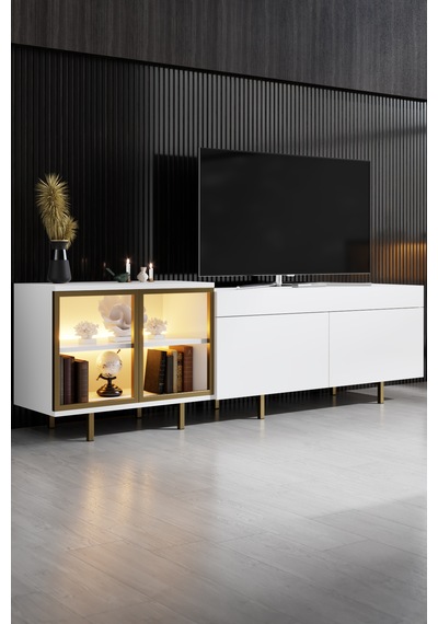 Vienna Gold Demir Ayaklı Rgb Led Işık Sistemli Beyaz Tv Ünitesi Tv Sehpası Antrasit - Altın Vienna Gold Demir Ayaklı Rgb Led Işık Sistemli Beyaz Tv Ünitesi Tv Sehpası Antrasit - Altın