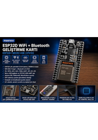 Esp32-d Wifi Bluetooth Geliştirme Kartı Devkitc V4 Siyah Pcb, Usb Kablo Dahil
