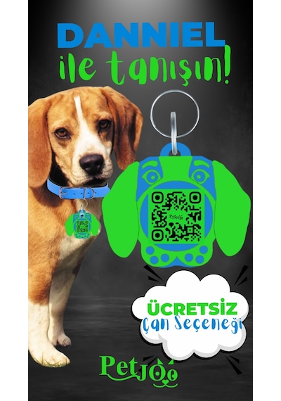 Petjoo 21.Danniel Yeşil-Mavi Qr'lı Köpek Künyesi