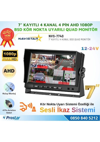 7 İnç 4 Kanal Full Hd Bsd Kör Nokta Uyarılı Ahd Quad Araç Monitörü Aktif Nesne Algılama + Sesli İkaz 12-24v