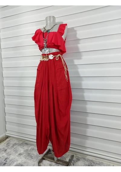 Bohem Stil İtalyan Cepli Keten Şalvar Pantolon Cmn00154 Kırmızı