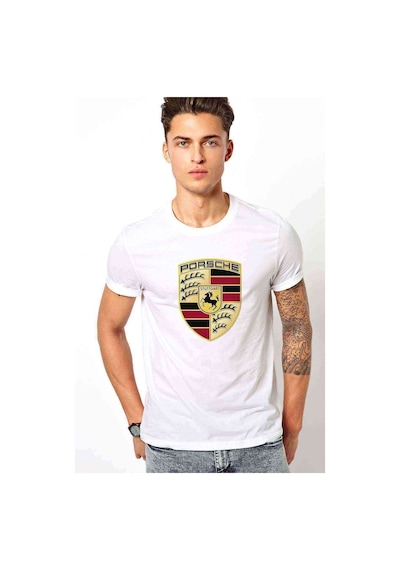 Porsche Logo Baskılı Beyaz Erkek Tshirt