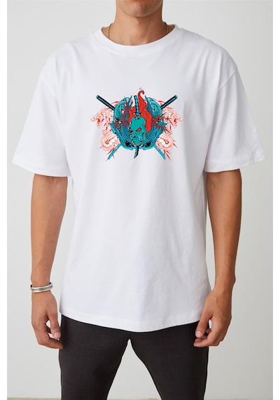 Thewert Unisex Ejderha Ve Canavar Baskılı Beyaz Oversize Tshirt