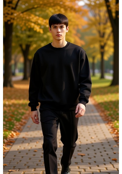 Benerly Erkek Bisiklet Yaka Düşük Kol Oversize Kalın Nakışlı Sweatshirt F siyah