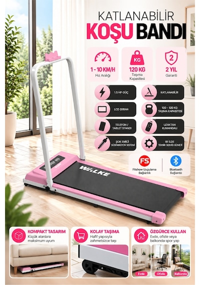 Walke W-fit Pink Bluetoothlu Uygulamalı Uzaktan Kumandalı Koşu Bandı Yürüyüş Bandı Pembe