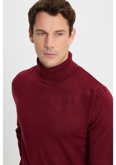 Tudors Erkek Slim Fit Dar Kesim Yumuşak Dokulu Tüylenmeyen Bordo Tam Balıkçı Yaka Triko Kazak-34928 Bordo