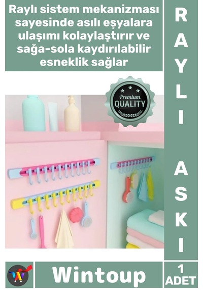 Askı Yapışkanlı Dolap İçi Pratik Askı Fonksiyonel 10 Kancalı Raylı Mutfak Banyo Düzenleyici Askı Çok Renkli