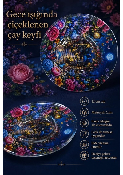 6 Lı Cam Çay Tabağı Gece Şehri Ve Renkli Çiçek Desenli 12 Cm 6 Adet Çay Tabak Lacivert