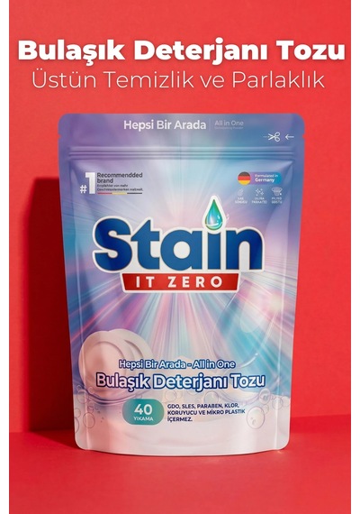 Stain İt Zero Hepsi Bir Arada Toz Bulaşık Makinesi Deterjanı & Güçlü Temizlik Üstün Parlaklık40 Yıkama