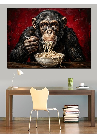 Spagetti Yiyen Komik Şempanze Tablosu Dekoratif Kanvas - Mdf Ahşap Tablo