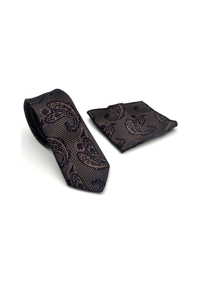 Gaffy Kahverengi Şal Desenli Lacivert Dokuma Kumaş Mendilli Slim Fit Kravat // Sdk-2606-2 Lacivert