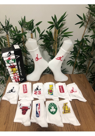 10 Çift Basketbol Karakter Desenli Renkli Unisex Kolej Çorap Seti Beyaz
