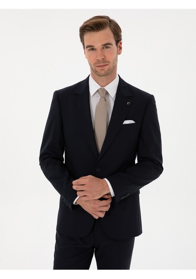 Cacharel Lacivert Slim Fit Yün Karışımlı Mono Yaka Klasik Takım Elbise Cacharel Lacivert Slim Fit Yün Karışımlı Mono Yaka Klasik Takım Elbise