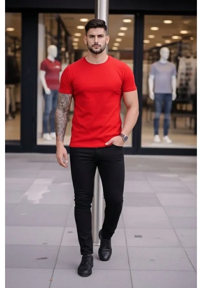 Veraura Lifestyle Erkek T-shirt Bisiklet Yaka Slim Fit Dar Kesim Likralı Tişört Günlük Basic Body - Kırmızı