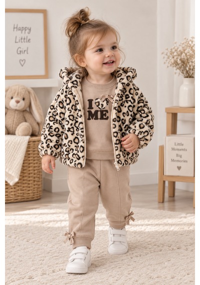 Bilge Trend Leopar Polar Montlu , Fiyonk Detaylı Kız Bebek 3 Parça Kışlık Takım
