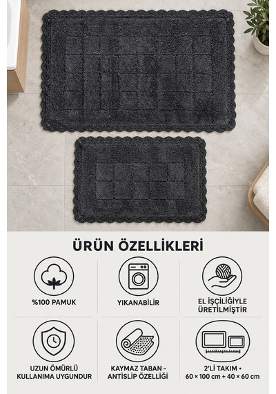 Alanur Bodrum Tufting Cotton Pamuklu El Işi Örgülü 2 Li Paspas 109 Siyah