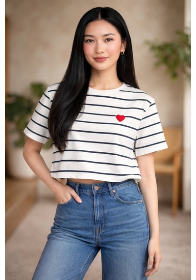 Nealirsanall.com Kadın Çizgili Kalp Nakışlı Crop T-shirt - Bisiklet Yaka Kısa Tişört Çok Renkli Nealirsanall.com Kadın Çizgili Kalp Nakışlı Crop T-shirt - Bisiklet Yaka Kısa Tişört Çok Renkli