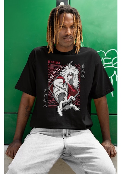 Jiraiya Baskılı Unisex Oversize Naruto Anime Dizi Karakter Tişört Siyah