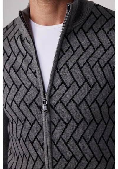 Tudors Erkek Slim Fit Dar Kesim Yarım Balıkçı Yaka Fermuarlı Önü Desenli Gri-siyah Hırka-29525-multi Gri