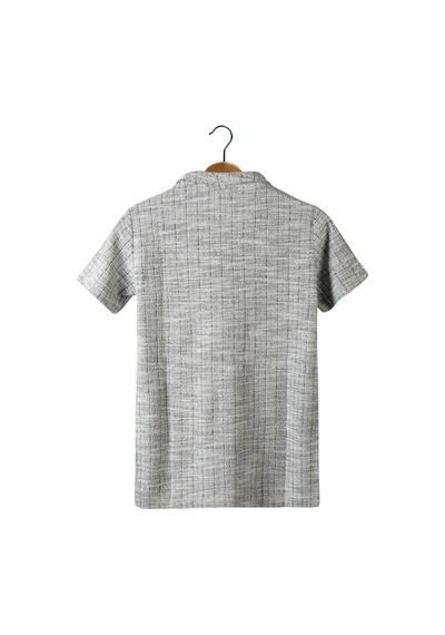 Erkek Gri Kısa Kollu Slim Fit Çizgi Desenli Pamuklu Yazlık Gömlek Gri1