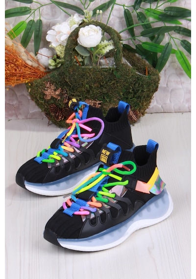 Guja Karsu Rahat Esnek Özel Tasarım Renkli Bağcuklı Sneaker Kadın Ayakkabı Siyah