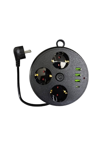 Büro Ev Ofis İçin 1mt Makaralı 4000w 16a 3priz 3usb 1typec Anahtar Akım Korumalı Grup Priz