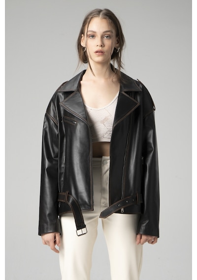 Dericlub Pamela Unisex Silme Oversize Biker Hakiki Deri Mont Siyah/taba Null Siyah