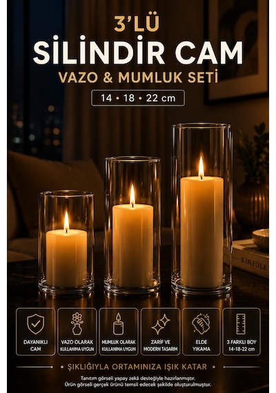 3'lü Silindir Cam Vazo Mumluk Seti 14-18-22 Cm Şeffaf Dekoratif Masa Salon Vazo Takımı